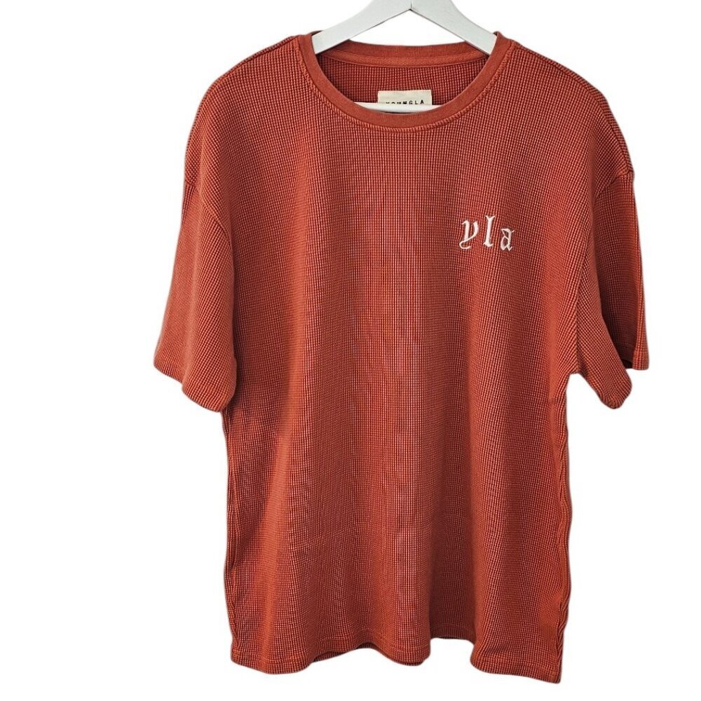 Youngla Mens 427 Waffle Tee, Short Sleeve, Waffle Knit, Orange, Heavy Knit,  L